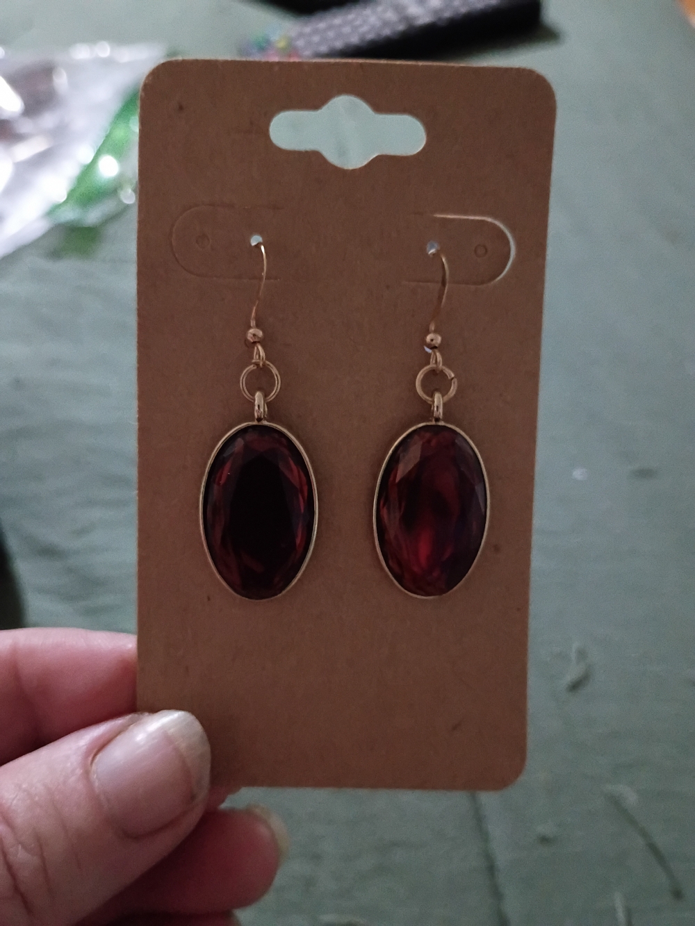Gold Drop Earrings with Deep Red Oval Gemstones